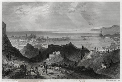 フランスのジャーナリストであり旅行家でもあったLouis Enault（1824-1900）の「Mediterranee」の本に掲載されている、ジュネスの街と港、エクラタンテ・クォート、大理石の街、ジュネス・ラ・スパーブの風景。 作： Unbekannt