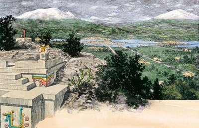 1521年以前、アステカ帝国の首都であった頃のテノチティトラン（またはメキシコ・テノチティトラン）の町の様子。 作： Unbekannter Künstler