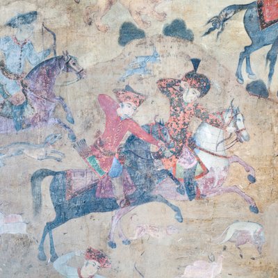 Qeysarieh ポータル、イスファハン、イランの Naqsh-e Jahan Imam 広場の壁画 (フレスコ画) 作： Unbekannter Künstler