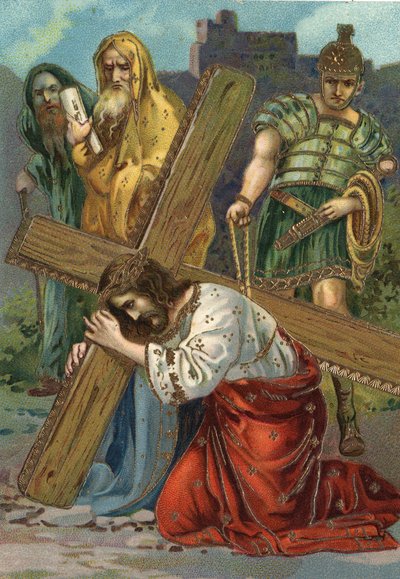 十字架の道 - via crucis - 十字架の駅。7合目、イエスは2度目の落下 クロモリトグラフ 個人蔵 作： William M. Timlin