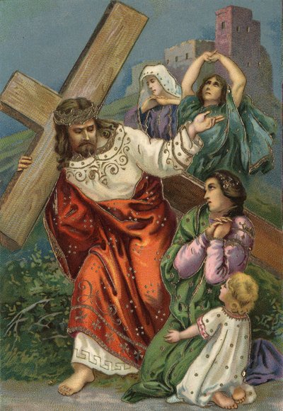十字架の道 - via crucis - 十字架の駅：第8駅、イエスとエルサレムの女性たちの出会い クロモリトグラフ 個人蔵 作： Unbekannt