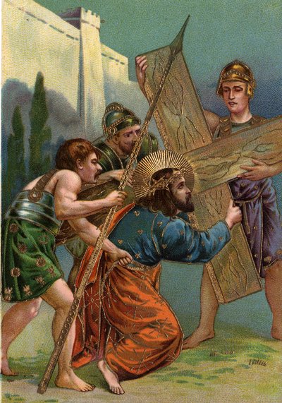 十字架の道 - via crucis - 十字架の駅：第3駅、イエスは十字架の重みで初めて倒れた（Jesus fell the first time） クロモリトグラフィー 個人蔵 作： William M. Timlin