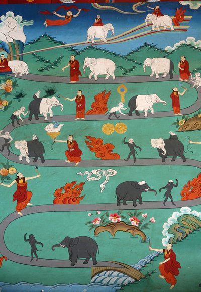 ネパール、カトマンズ、コパン僧院での白象の物語 作： Unbekannt