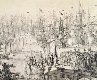 1688 年 11 月にイギリスに向けて出航するオラニエ公ウィリアム (版画) 作： Unbekannter Künstler