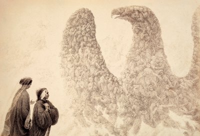 ユピテルの球の中で、ダンテは祝福された霊魂たちが帝国の象徴である鷲の形に整列するのを見る。ダンテ・アリギエーリ作『神曲』パラディソのカント18の挿絵。ムンに捧げられたフランチェスコ・スカラムッツァの作品。 作： Unbekannter Künstler