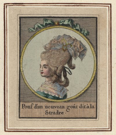 ストラドレという新しいスタイルのプーフの女性。ストラドレと呼ばれる新しいテイストのプーフ。1783年のおしゃれなヘアスタイルのアルバム『Suite des Coeffures a la Mode en 1783, Enauts et Rapilly, Pari』より、作者不明の手彩色銅版画。 作： Unbekannter Künstler