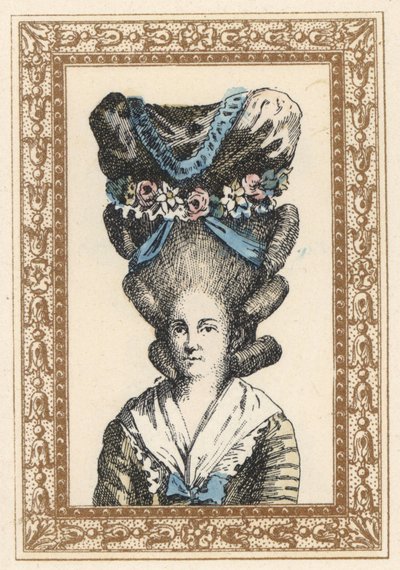 リボンと花輪で結ばれたガブリエル・ヴェルジのボンネットをかぶった女性。1777年のドーモン・ド・ベロワドの悲劇に着想を得た、ガブリエル・ヴェルギーの帽子。オクターヴ・ウザーヌの『おしゃれな髪型または風変わりな身なり』より、ド・ローバデールの手彩色リトグラフ。 作： Unbekannter Künstler