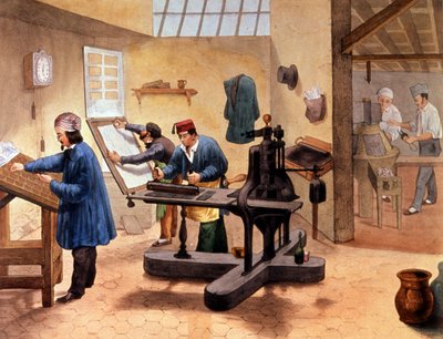 印刷業者の作業場、19世紀末（イラスト） 作： Unbekannter Künstler