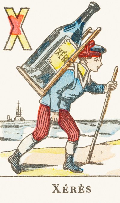 X : Xeres, 少年がワインの大瓶を背負っている - ゲームアルファベット, 1890年頃 (彫刻) 作： Unbekannt