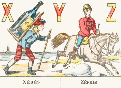 X Y Z : Xeres, Zephir - 少年がワインの入った大瓶を背負い、騎手がゼファーという名の馬に乗って疾走している - ゲームアルファベット、1890年頃（エングレービング 作： Unbekannt