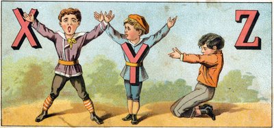 X、Y、Zの文字を体で表現しています。Alphabet des petits ecoliers "に掲載された版画。1885年頃、エピナルの映像。プリヴェ・コレクション 作： Unbekannt
