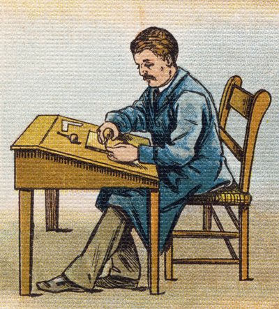 スタジオでのキシログラファー。Alphabet de ma petite fille "に掲載されたエングレーヴィング。Bernardin-Bechet and Fils, bookseller-publishers, Paris, around 1895.キャンバスに描かれたアンブレイカブル・アルバム。Bibliotheque des Bebes.12ページ。読書法とイラストレーションを収録したアルバム。 作： Unbekannt