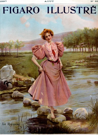 小川を渡る若い女性-フィガロ・イリュストレ1897年8月号より。 作： Unbekannter Künstler