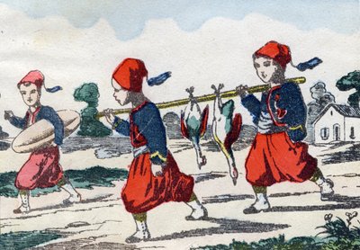 ズーヴ。Alphabet militaire enfantin "に掲載された版画。1890年頃のポン・ア・ムソンをイメージしています。20ページ。寸法：28.5x21cm 作： Unbekannt