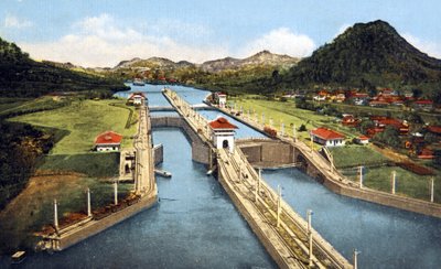 パナマ運河のペドロ・ミゲル閘門、1920年頃の絵葉書 作： Unbekannter Künstler