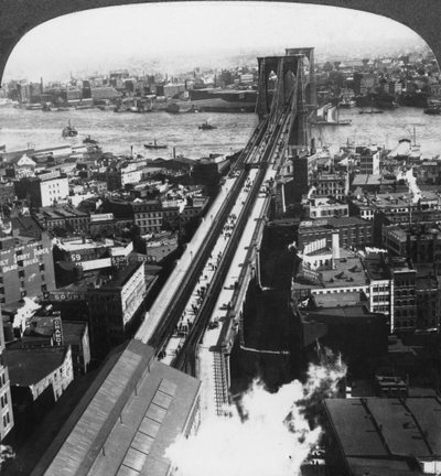 19世紀後半または20世紀初頭のニューヨーク市ブルックリン橋。 作： Underwood and Underwood