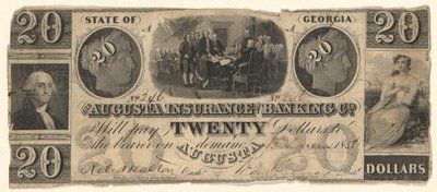 ジョージア州オーガスタのオーガスタ保険銀行が 1858 年に発行した 20 ドル紙幣で、スチュアート (?) にちなんでワシントン州トランブルにちなんだ独立宣言が刻印されています。 作： Unknown