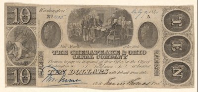The Chesapeake and Ohio Company が発行した 10 ドルの銀行券と、Trumbull のビネット証明付き 作： Unknown