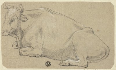腰掛けに横たわる牛（レクト）、女性の頭部と馬の頭部のスケッチ（裏面） 作： Unknown