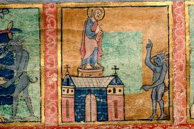 詩篇「キリストの誘惑」の詳細（1140年頃、カンタベリーで描かれたものと思われる 作： Unknown