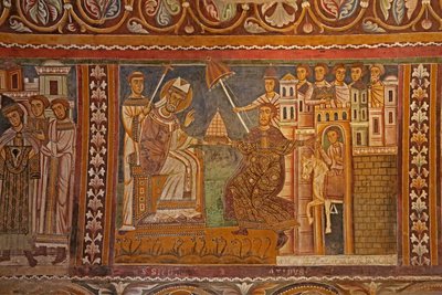 1246年、コンスタンティヌス帝が皇帝ティアラを教皇シルヴェスターに差し出し、サンシルヴェストロ礼拝堂の西壁、ローマを統治した。 作： Unknown