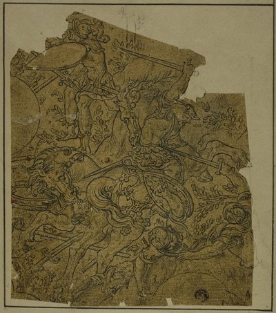 フラグメント: 馬に乗って歩兵と戦う武装した戦士 作： Unknown