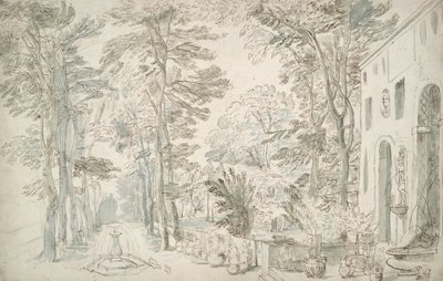 噴水と鉢植えの庭園 作： Unknown
