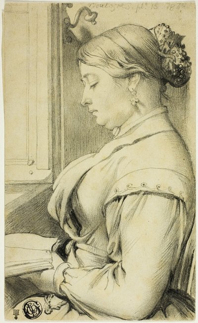 オペラ座の窓辺で読書する女性（左横顔）の半身像 作： Unknown