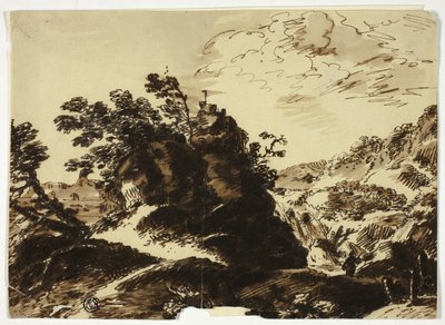 前景に人物がいる丘陵の風景 作： Unknown