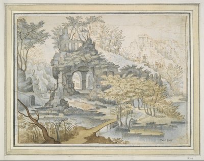 岩のアーチ道の建物のある風景 作： Unknown