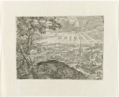 街の景色と輝く太陽のある風景 作： Unknown