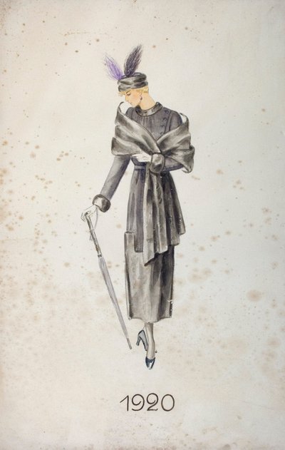 コートと羽付きの帽子を着て、傘を持ったモデル（1920年 作： Unknown