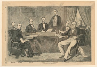 リンカーン大統領とワシントン D.C. の閣僚、ハーパーズ ウィークリー、1861 年 7 月 13 日、p. 437。 作： Unknown
