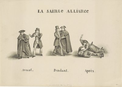1828年、オランダ政府に対してローマ・カトリック党と自由党の間で結ばれた同盟についての風刺画 La Sainte Alliance (オブジェクトのタイトル) 作： Unknown