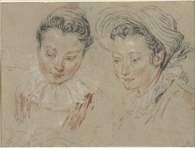 二人の女の子の頭の勉強シート、右は麦わら帽子 作： Unknown