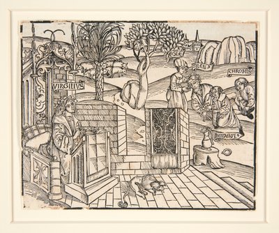 眠るシレノスを縛り上げる羊飼いのクロミスとムナシル。 1502. ウェルギリウスの挿絵付き出版物より 作： Unknown