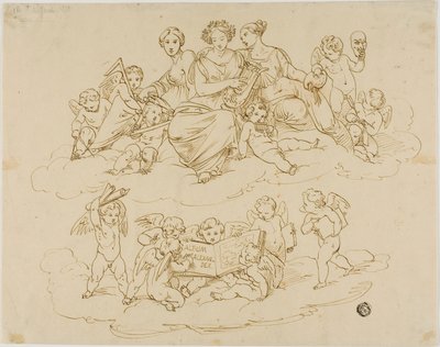 Putti と 3 つのミューズ (Urania、Terpsichore、Thalia) 作： Unknown