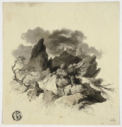 遠くに火山の噴火を伴う山の激しい嵐 作： Unknown