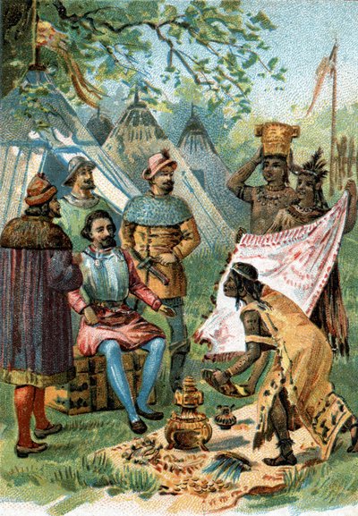 1518年-1519年：フェルナン・コルテスがモンテスマ皇帝の紹介を受けてメキシコ征服に出発。 作： Unknown artist