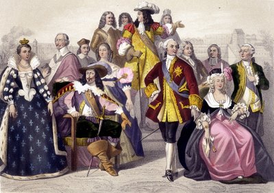 1610年から1774年まで。マリー・ド・メディチ、ルイ13世、ルイ15世、マリー・アントワネット、ルイ16世。19世紀のエングレーヴィング。 作： Unknown artist