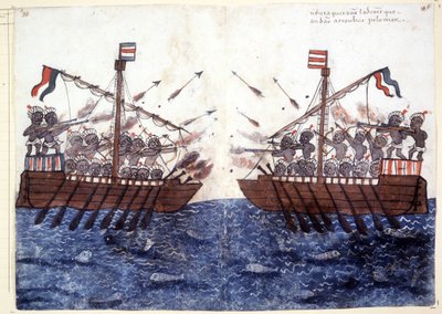 16世紀、インド洋での海賊船との遭遇を描いた版画。ローマのビブリオテカ・カサンテンセ。 作： Unknown artist