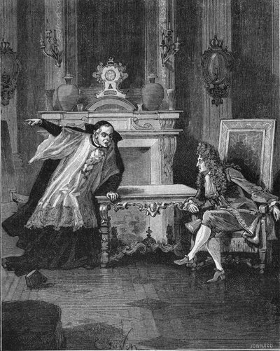 1715年：イエズス会の告解者であるミシェル・ル・テリエ神父（1643-1719）の言葉を聞くフランス王ルイ14世（1638-1715）。19世紀のエングレーヴィング。ジュール・ミシュレ著『フランス史』より 作： Unknown artist
