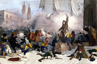 2/05/1808:フランスのスペイン占領に対するマドリードの反乱。1830年頃のリトグラフ。 作： Unknown artist
