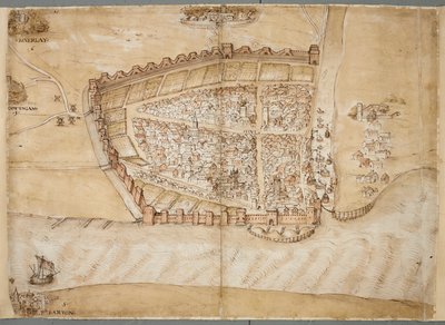 ハルの町の 16 世紀の表現。 この地図は、ハル川がハンバー河口に流れ込む場所に位置するハルの町を示しています。 これは、153 年頃の後半に沿岸防御の状態を示すために描かれた一連の図面の 1 つです。 作： Unknown artist