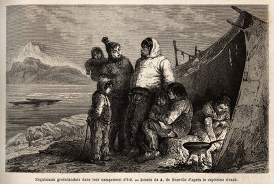 グリーンランドのイヌイットの家族が夏のスキンズキャンプをしている様子。1860年から1862年にかけてアメリカ海軍の外科医ヘイズ博士が行った北極圏の自由海への航海を説明するためのエングレーヴィング（"Le tour du monde, nouveau journal des voyages", edit 作： Unknown artist