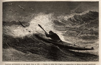 グリーンランドのカヤック、波の壁を通過する。1860年から1862年にかけてアメリカ海軍の外科医ヘイズ博士が行った北極圏の自由海への航海を説明するためのエングレーヴィング。 作： Unknown artist