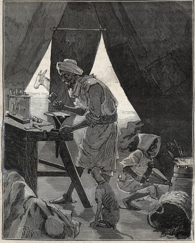 19世紀のアルジェリアで活躍したカビーユ人の宝石商。Adolphe BITARDの "Les arts et metiers illustres "に掲載された1885年のエングレーヴィング。 作： Unknown artist