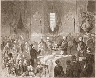 1861年にフラテルネル・アミティブのロッジで行われたマコーニック・バプテーム。 作： Unknown artist