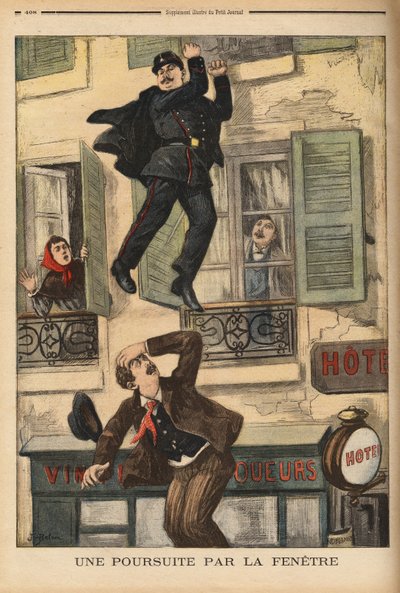モントルイユの警察官は、窓から身を投げ出して強盗を追いかけています。1899年12月17日、「Le petit journal」誌に掲載された版画。セルバ・コレクション。 作： Unknown artist