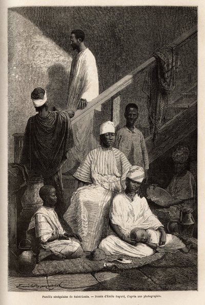 サンルイ(Saint Louis)のセネガル人家族。1868年にフルリオット・ド・ラングル副提督が行ったアフリカ沿岸のクルーズを説明するためのエングレーヴィングで、1872年にエドゥアール・シャルトンが編集した「Le tour du monde」に掲載されています。株式会社セルバ 作： Unknown artist